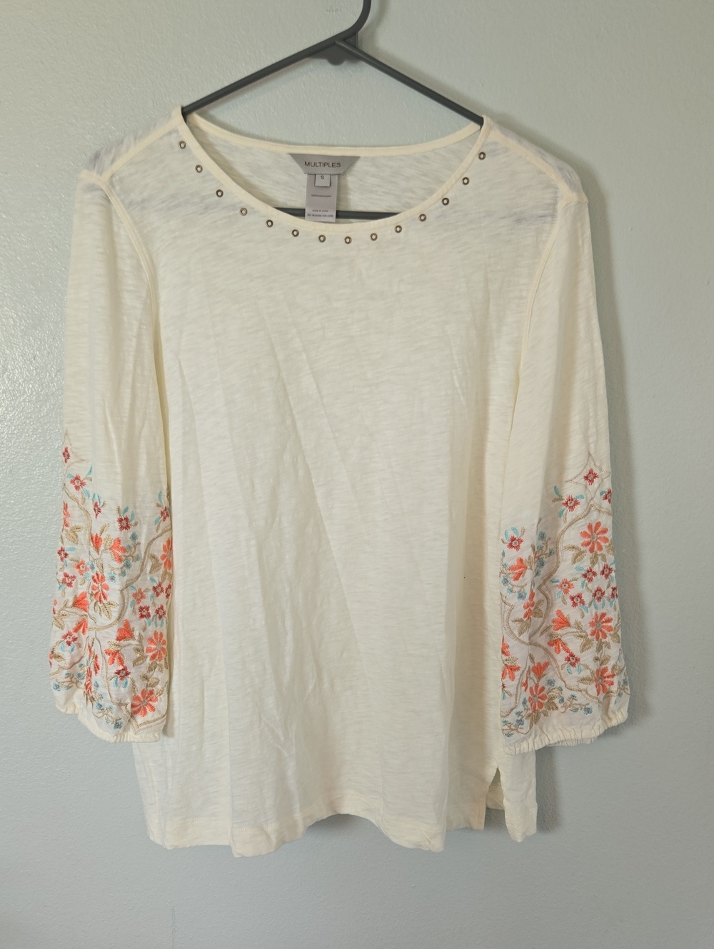 Multiples | Cream Embroidered 3/4 Sleeves Size Small